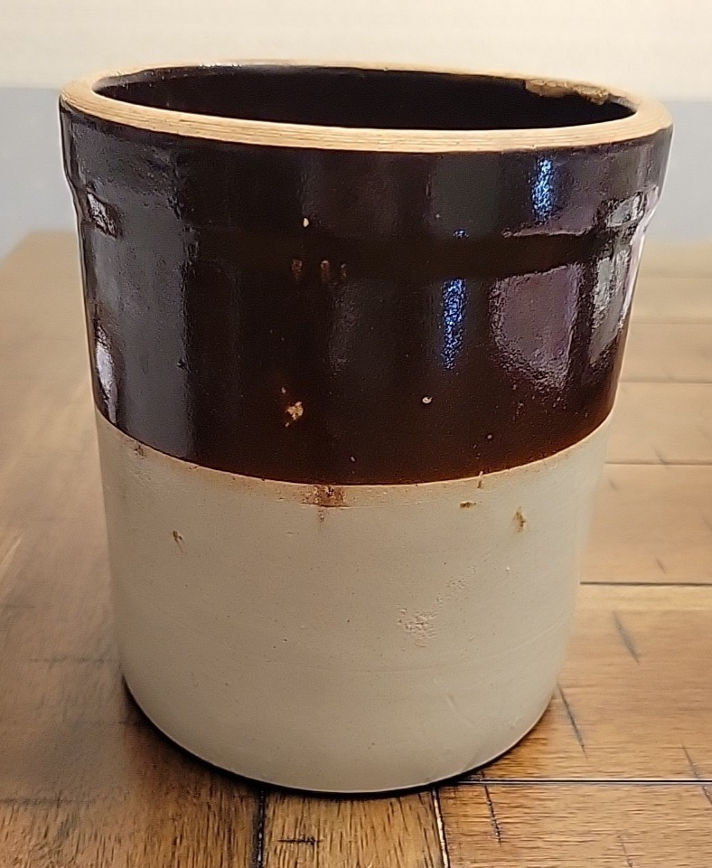 Vintage Two Tone Brown Primitive Kitchen Crock 6.5" VGC