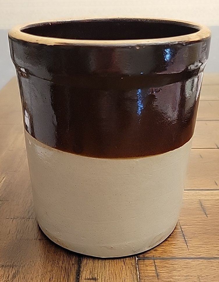 Vintage Two Tone Brown Primitive Kitchen Crock 6.5" VGC