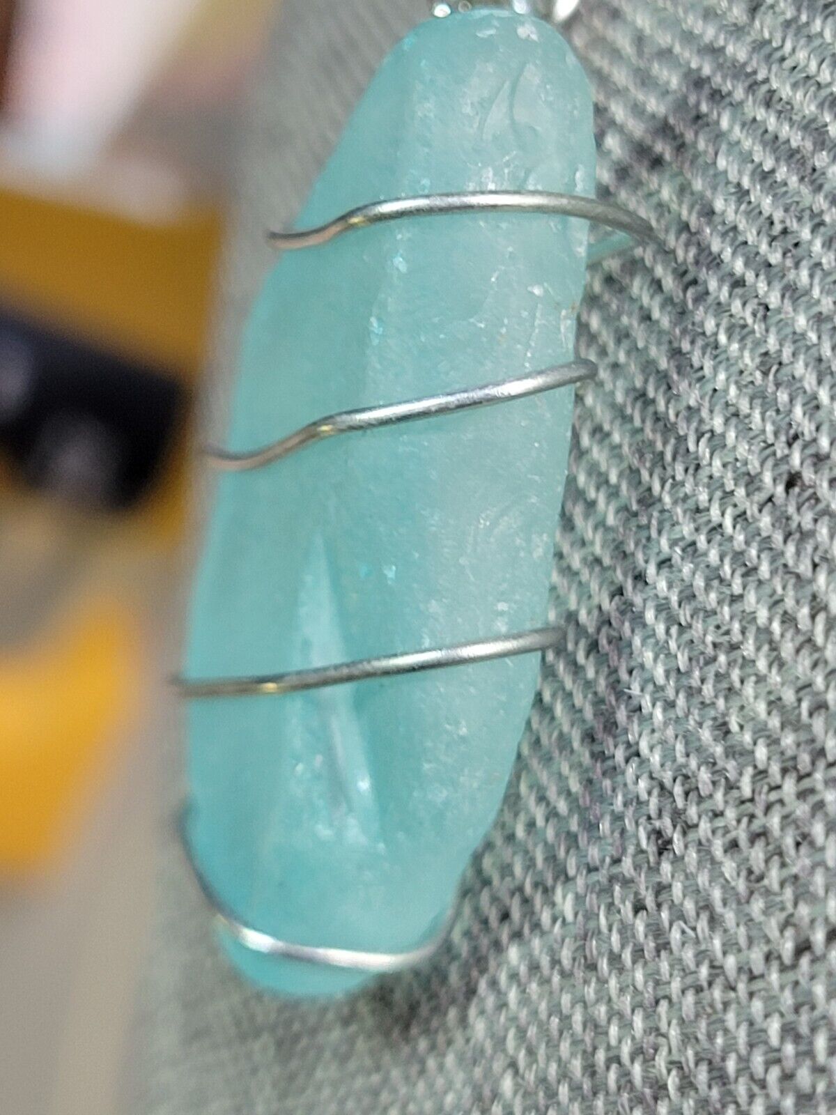 Chunky Aqua Sea Glass Wire Wrapped Pendant