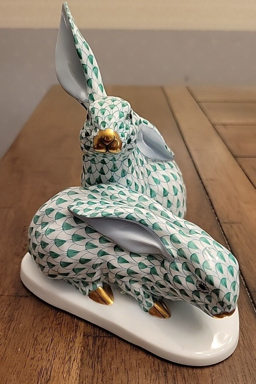 Vintage Herend Pair Rabbits Green Fishnet On Base