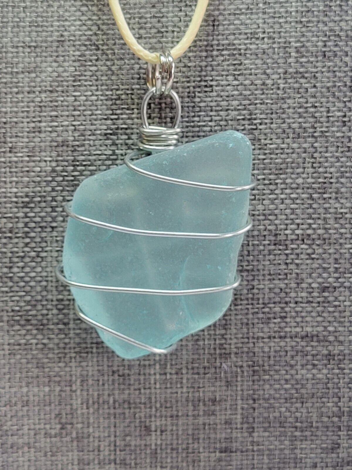 Chunky Aqua Sea Glass Wire Wrapped Pendant