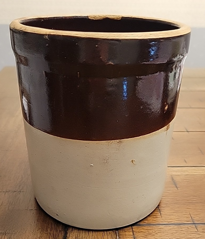 Vintage Two Tone Brown Primitive Kitchen Crock 6.5" VGC