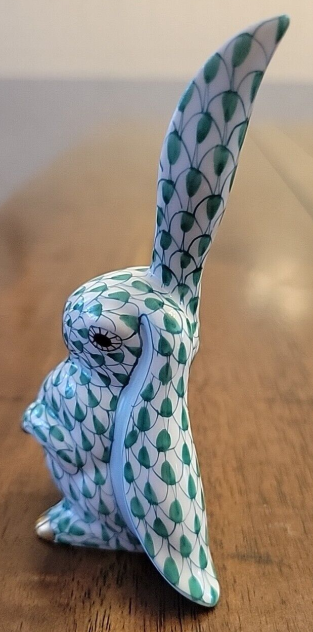 Vintage Herend Single Rabbit On Hind Legs Lopsided Ear Green Fishnet