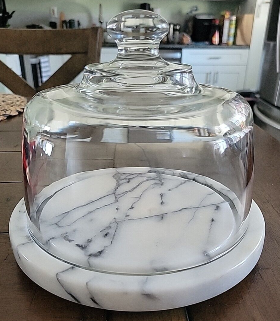 Vintage Round Marble Cheese Board With Glass Heavy Dome Cloche