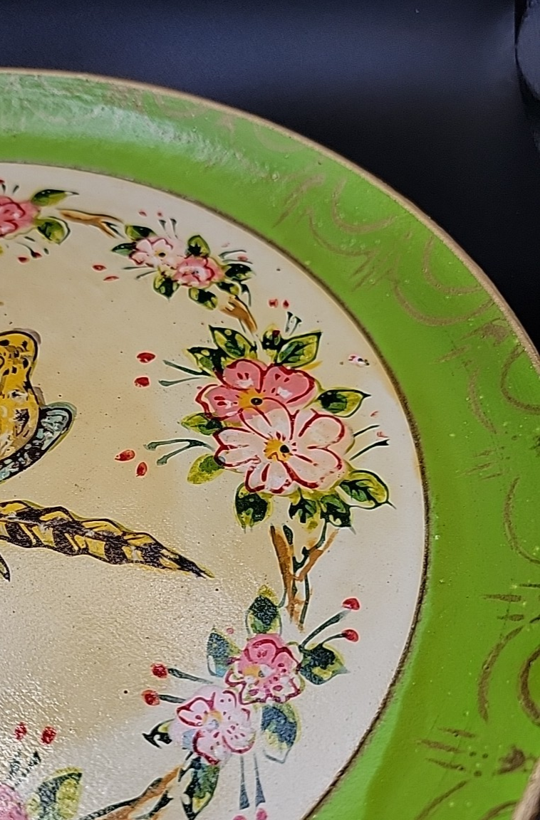 VINTAGE PAUL'S GIFTS PAPER MACHE GREEN PLATE BIRD DESIGN NOS