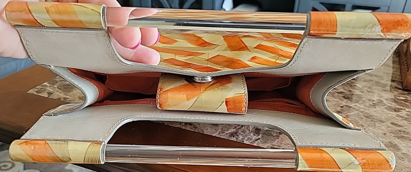 Vintage Sondra Roberts Clutch Copper Gold Vinyl Handbag Acrylic Handles