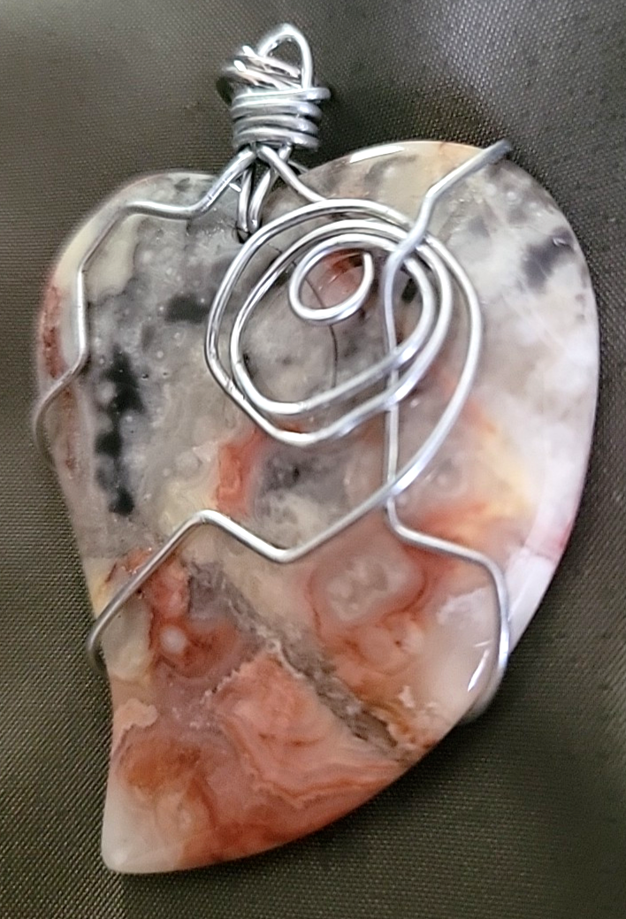 Crazy Lace Heart Shape Agate Wire Wrap Pendant