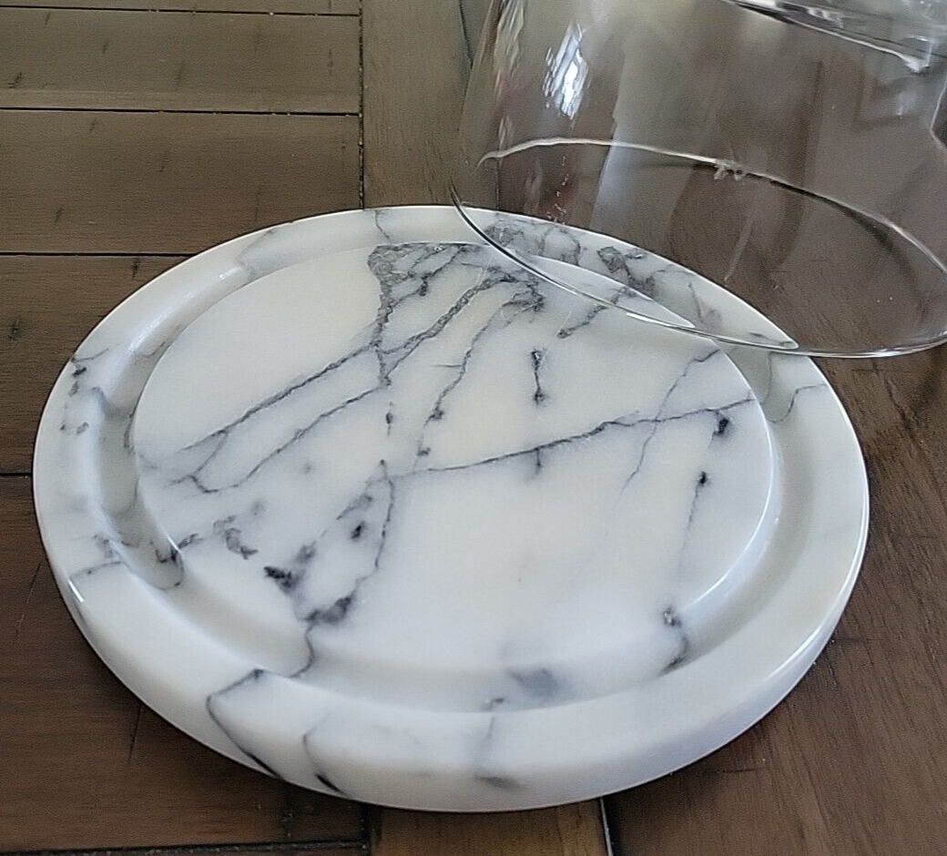 Vintage Round Marble Cheese Board With Glass Heavy Dome Cloche