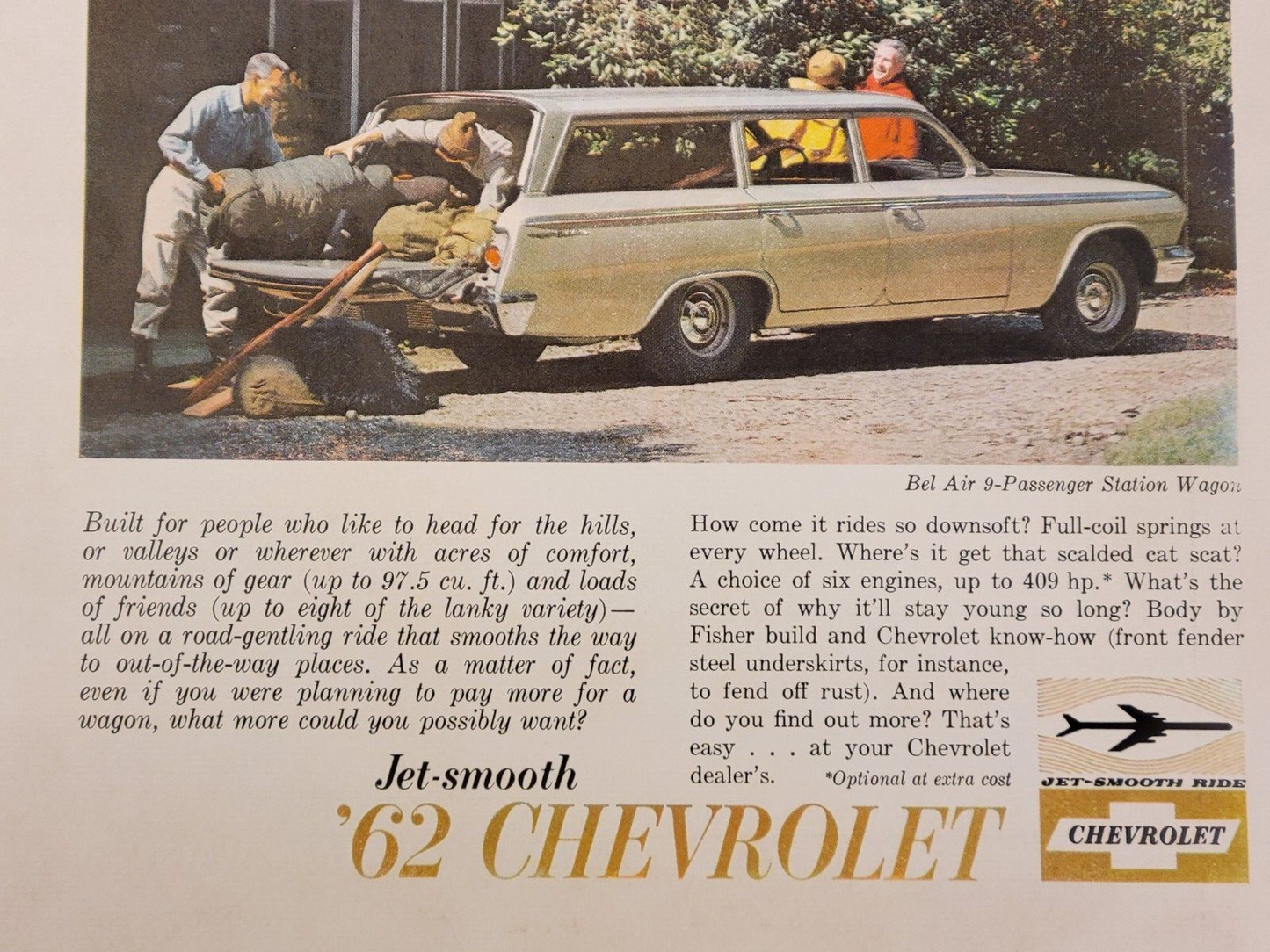 1962 Chevrolet Bel-Air Station Wagon Vintage Print Ad "Jet Smooth Wagoning"