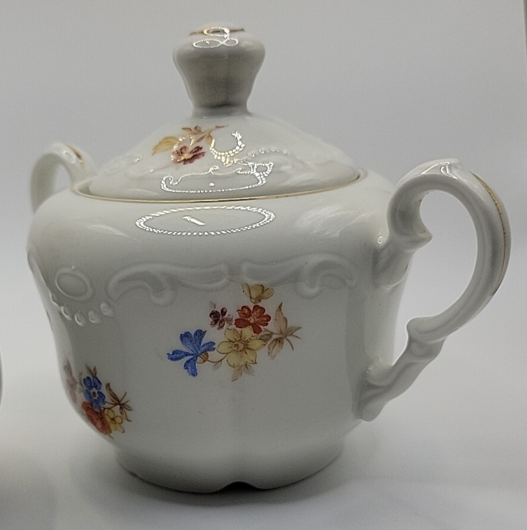 VINTAGE PAUL'S GIFTS NOS CREAMER PITCHER & LIDDED SUGAR GERMANY FLORAL PRINT