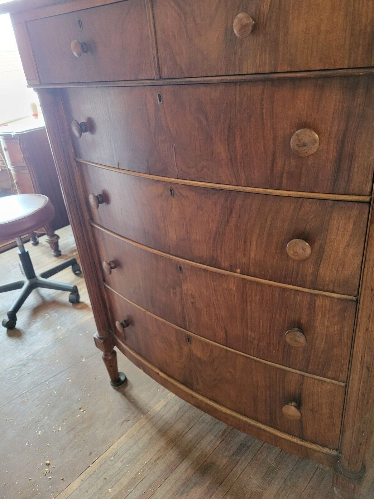 Vintage Golden Oak Veneer 2 Over 4 Tall Boy Dresser Chest of Drawers