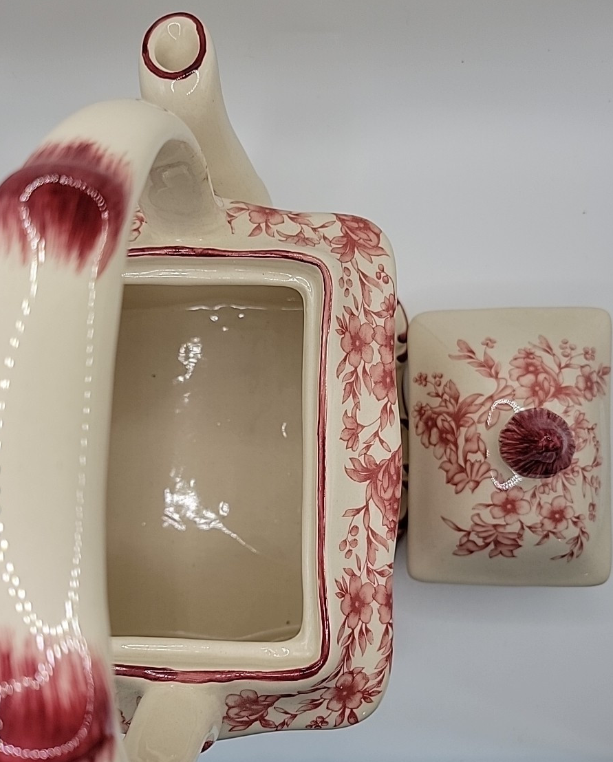 Cracker Barrel Ceramic Transferware Teapot In Cream & Red Floral c.2000