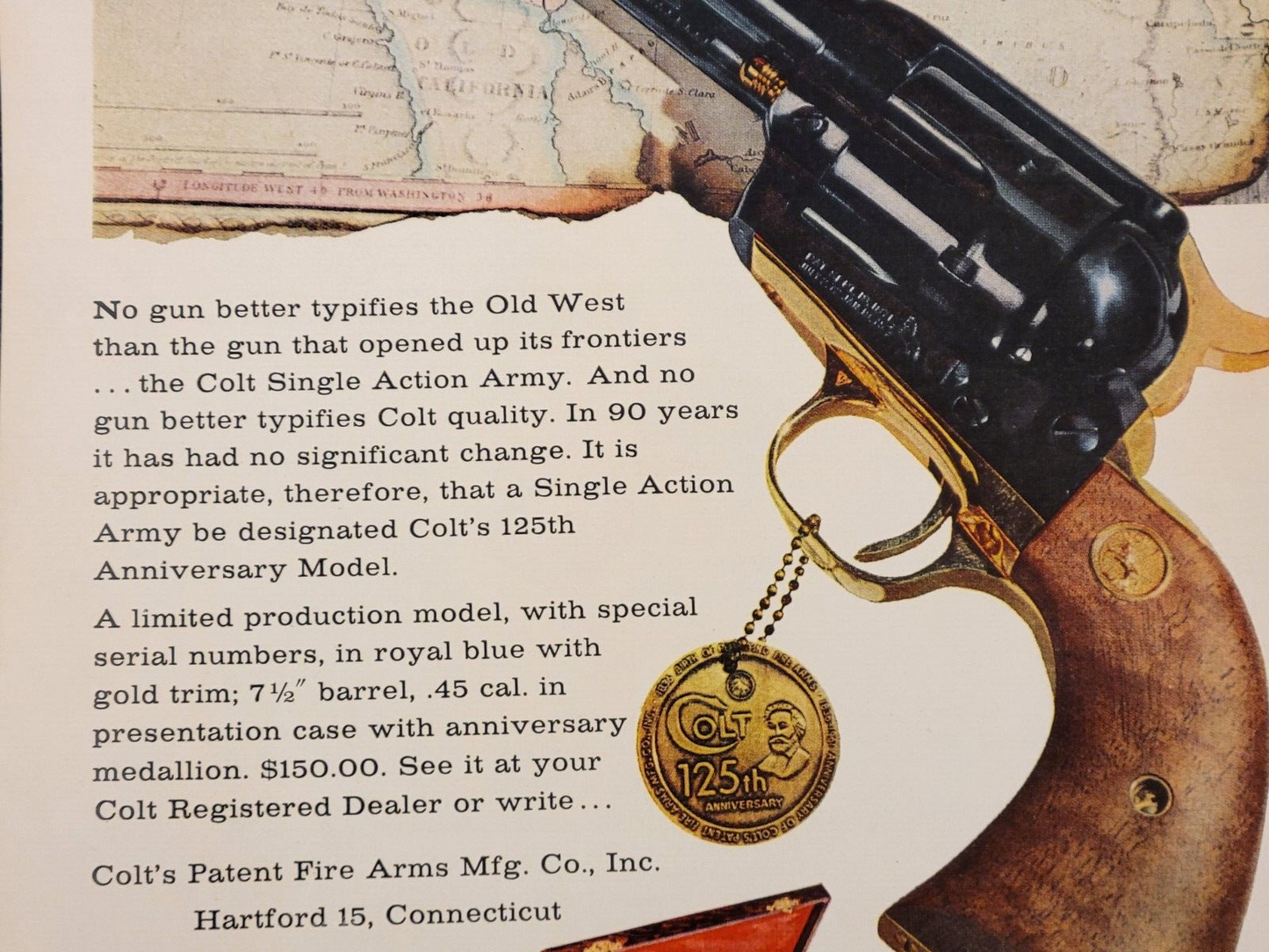 1961 Colt Fire Arms 125th Anniversary Blazing New Frontiers Vintage Print Ad