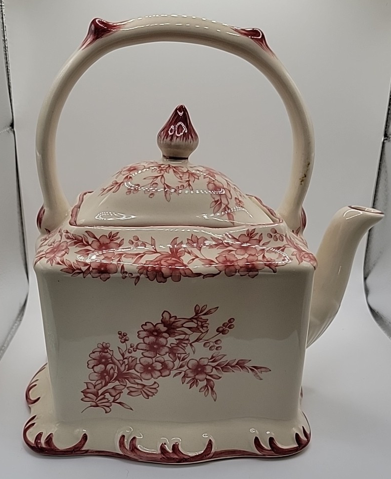 Cracker Barrel Ceramic Transferware Teapot In Cream & Red Floral c.2000