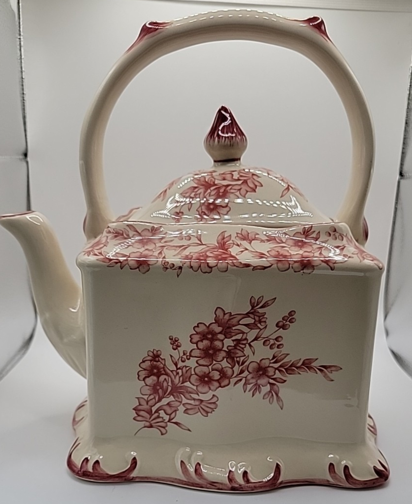 Cracker Barrel Ceramic Transferware Teapot In Cream & Red Floral c.2000