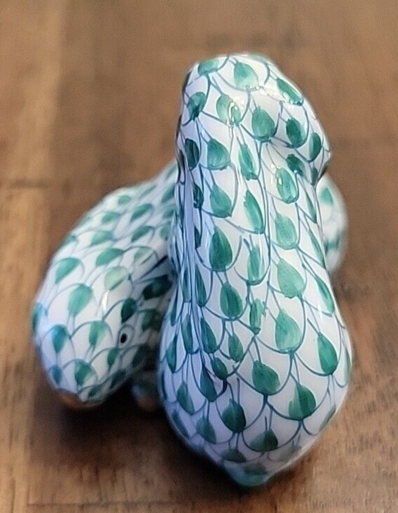 Vintage Herend Pair of Rabbits Curled Up Green Fishnet