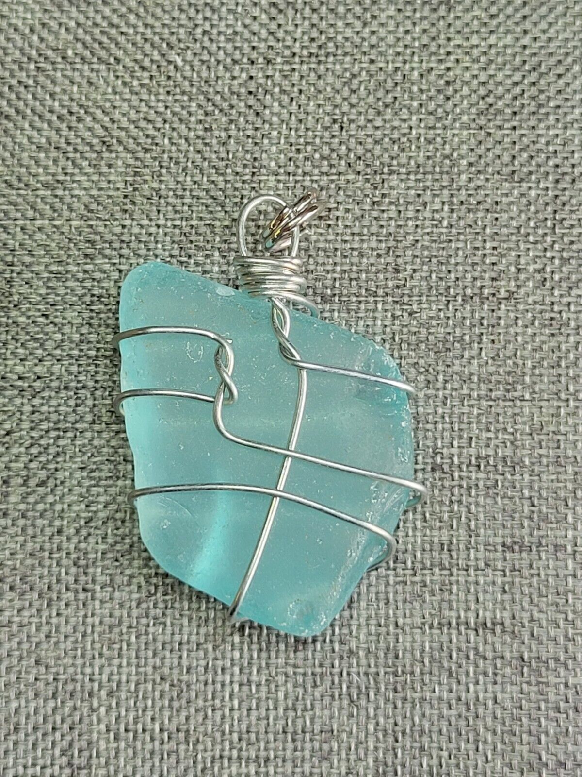 Chunky Aqua Sea Glass Wire Wrapped Pendant
