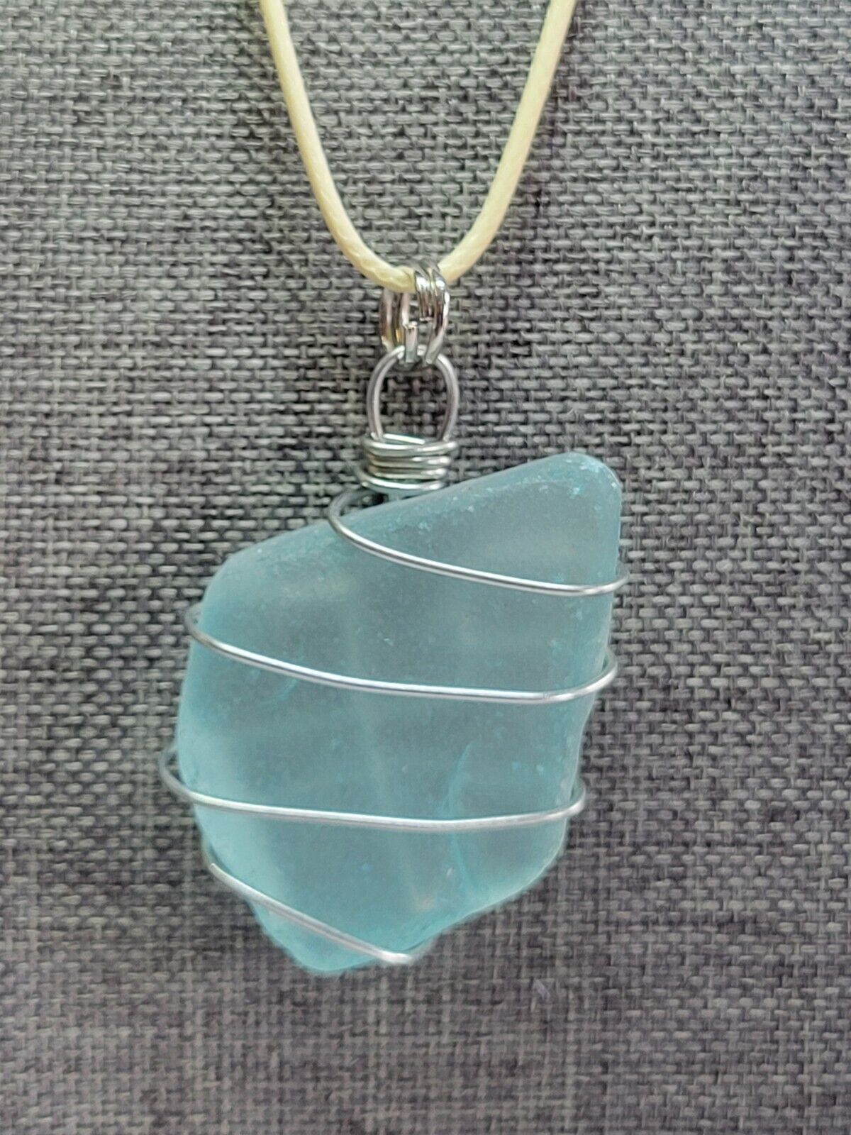 Chunky Aqua Sea Glass Wire Wrapped Pendant