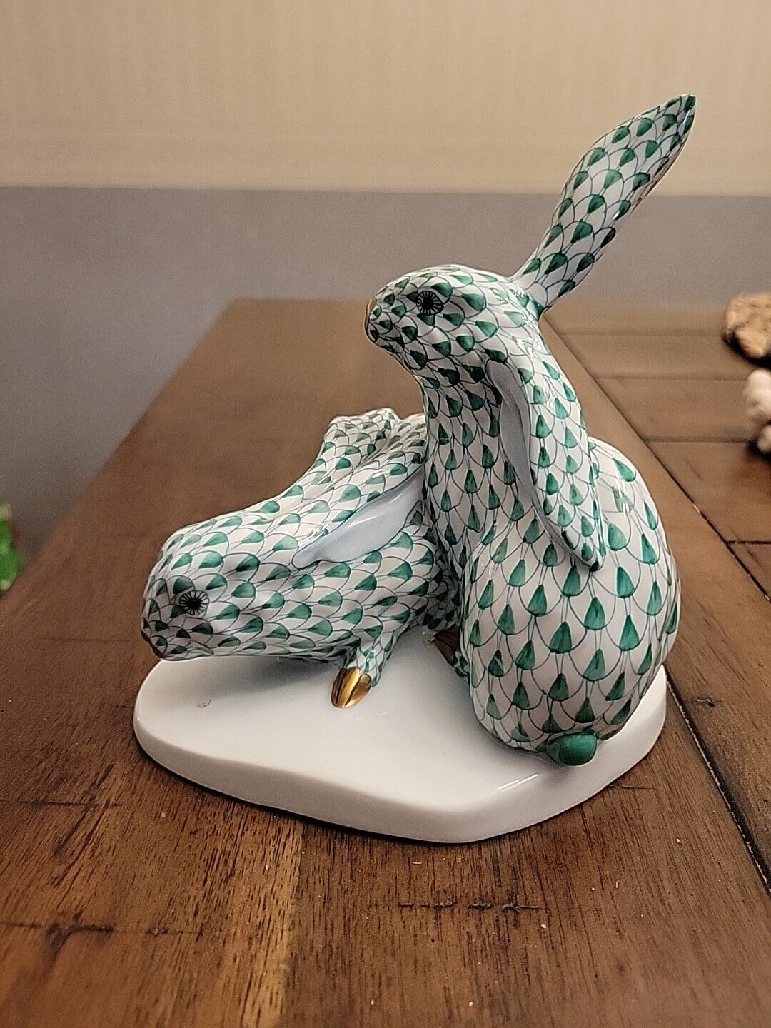 Vintage Herend Pair Rabbits Green Fishnet On Base