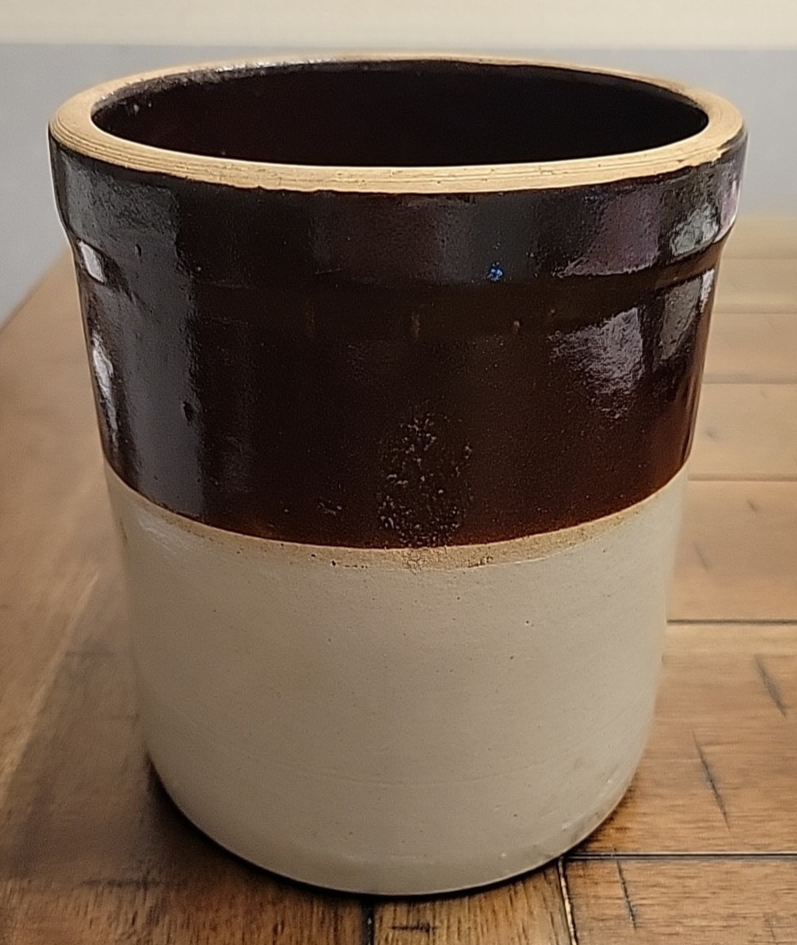 Vintage Two Tone Brown Primitive Kitchen Crock 6.5" VGC