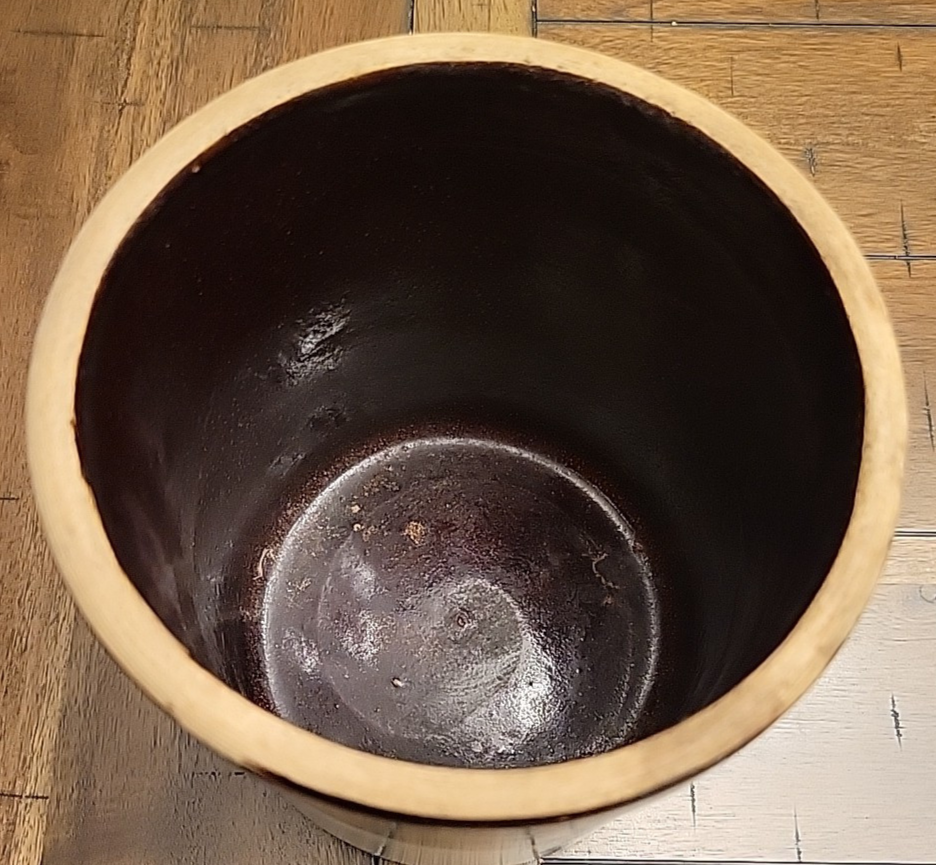 Vintage Two Tone Brown Primitive Kitchen Crock 6.5" VGC