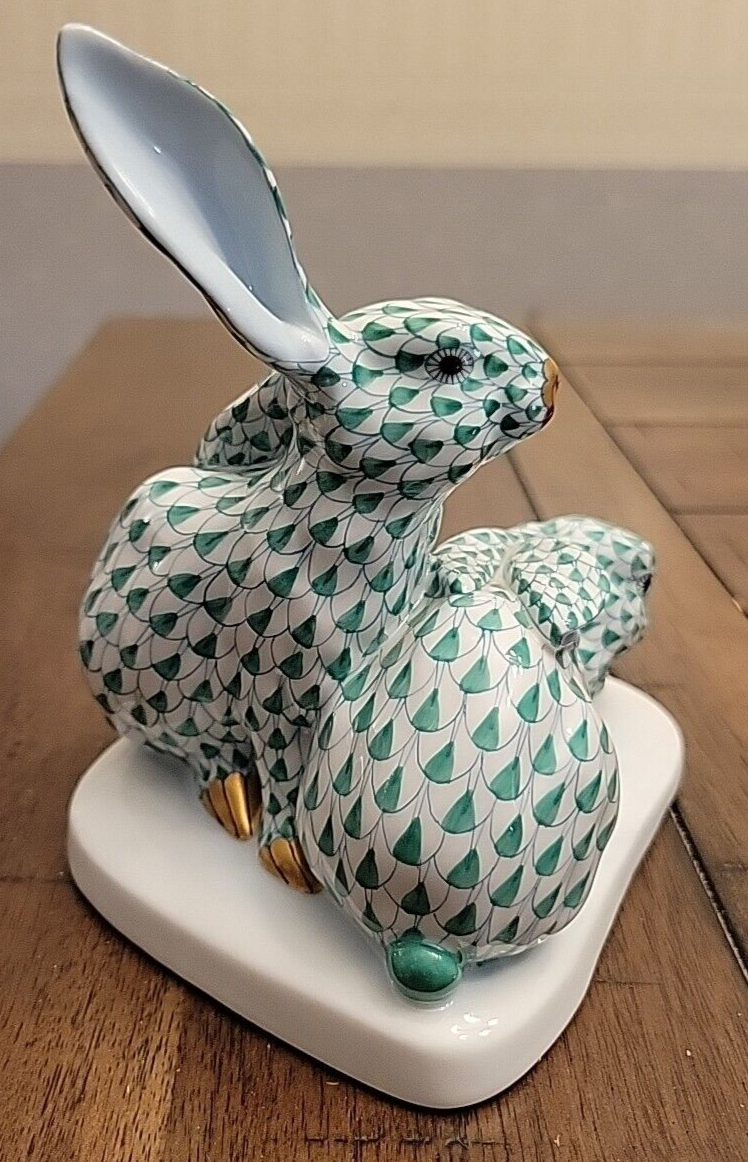 Vintage Herend Pair Rabbits Green Fishnet On Base