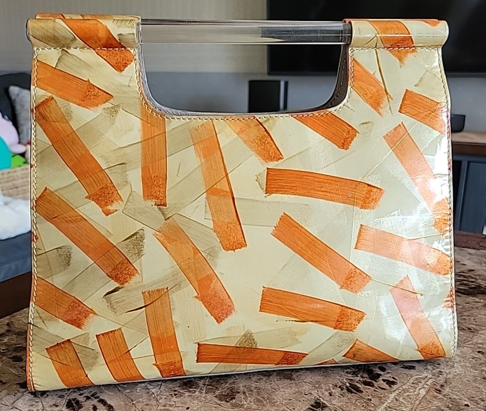 Vintage Sondra Roberts Clutch Copper Gold Vinyl Handbag Acrylic Handles