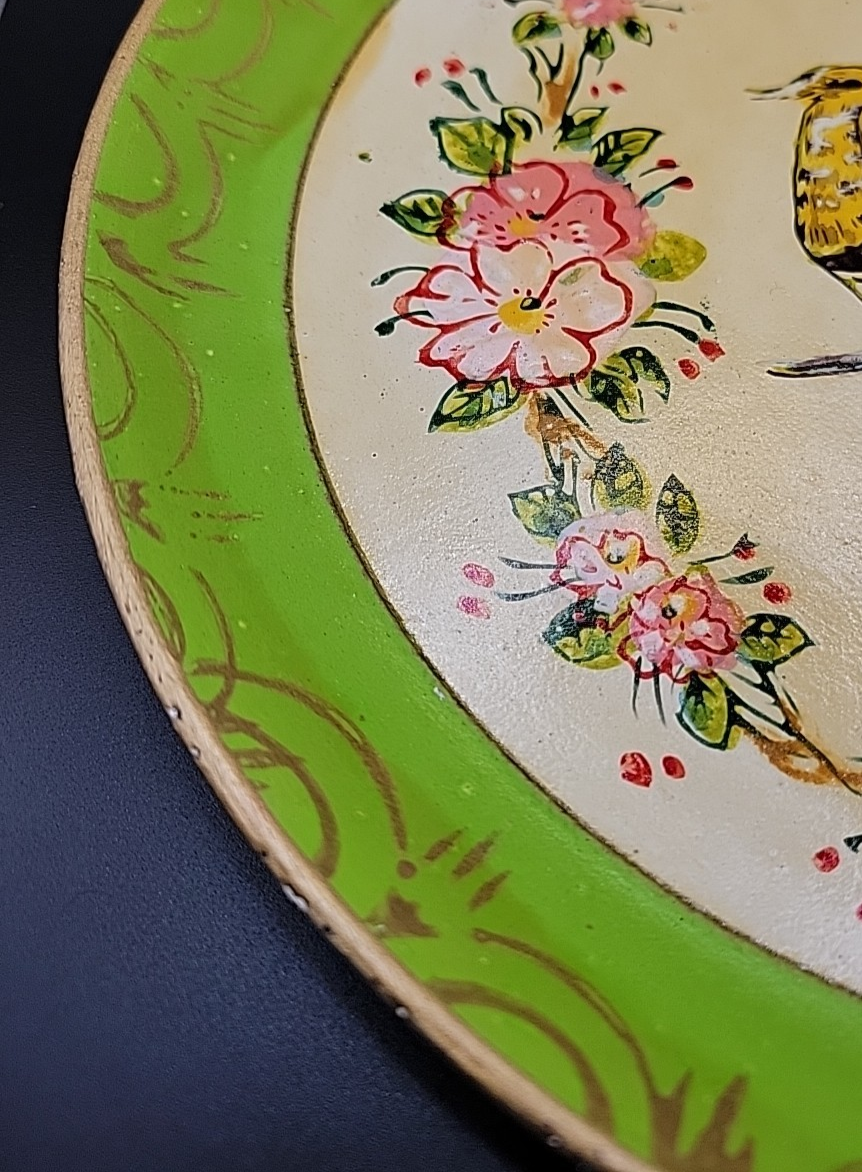 VINTAGE PAUL'S GIFTS PAPER MACHE GREEN PLATE BIRD DESIGN NOS