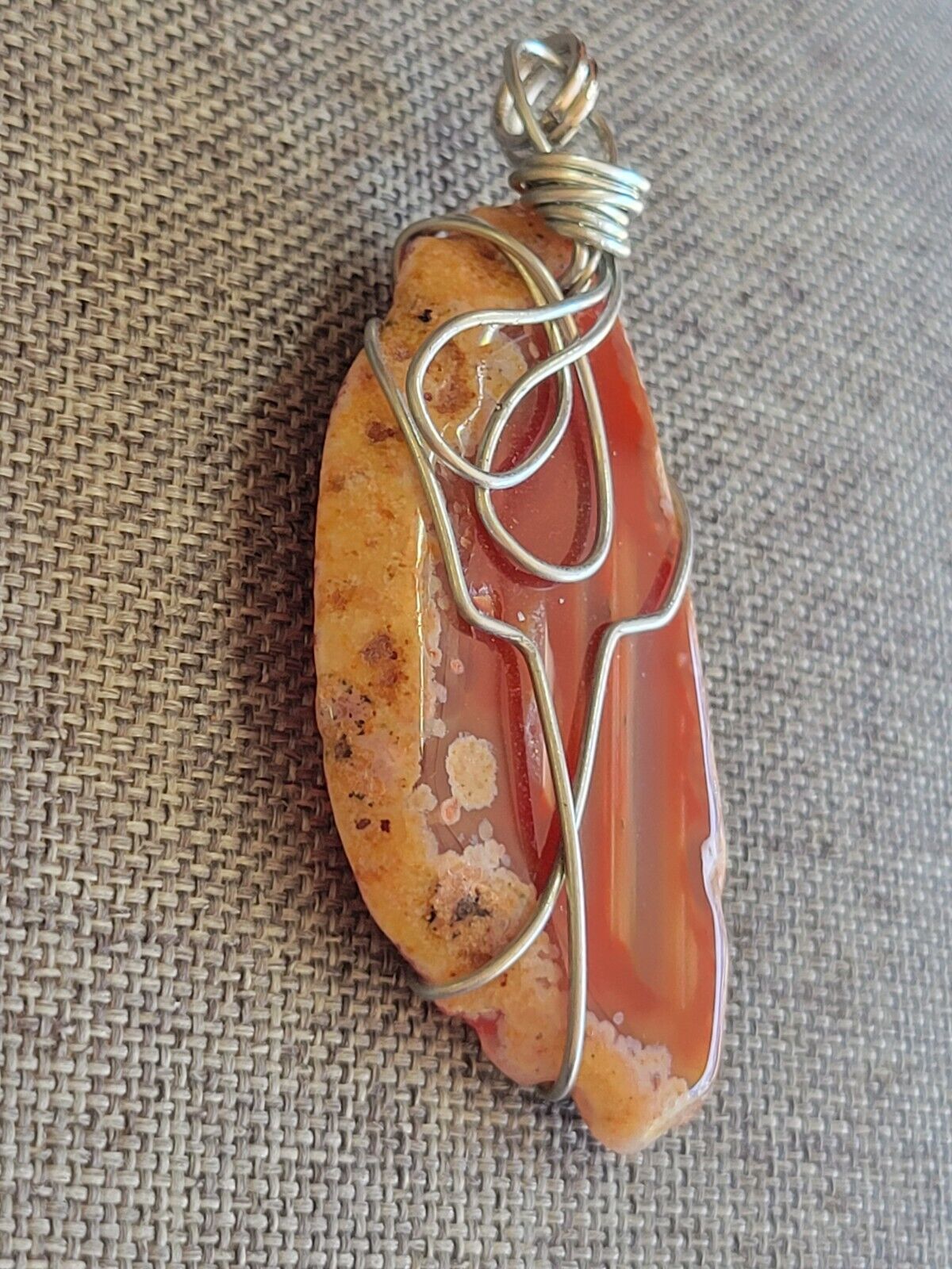 Wire Wrapped Orange Sliced Agate Pendant