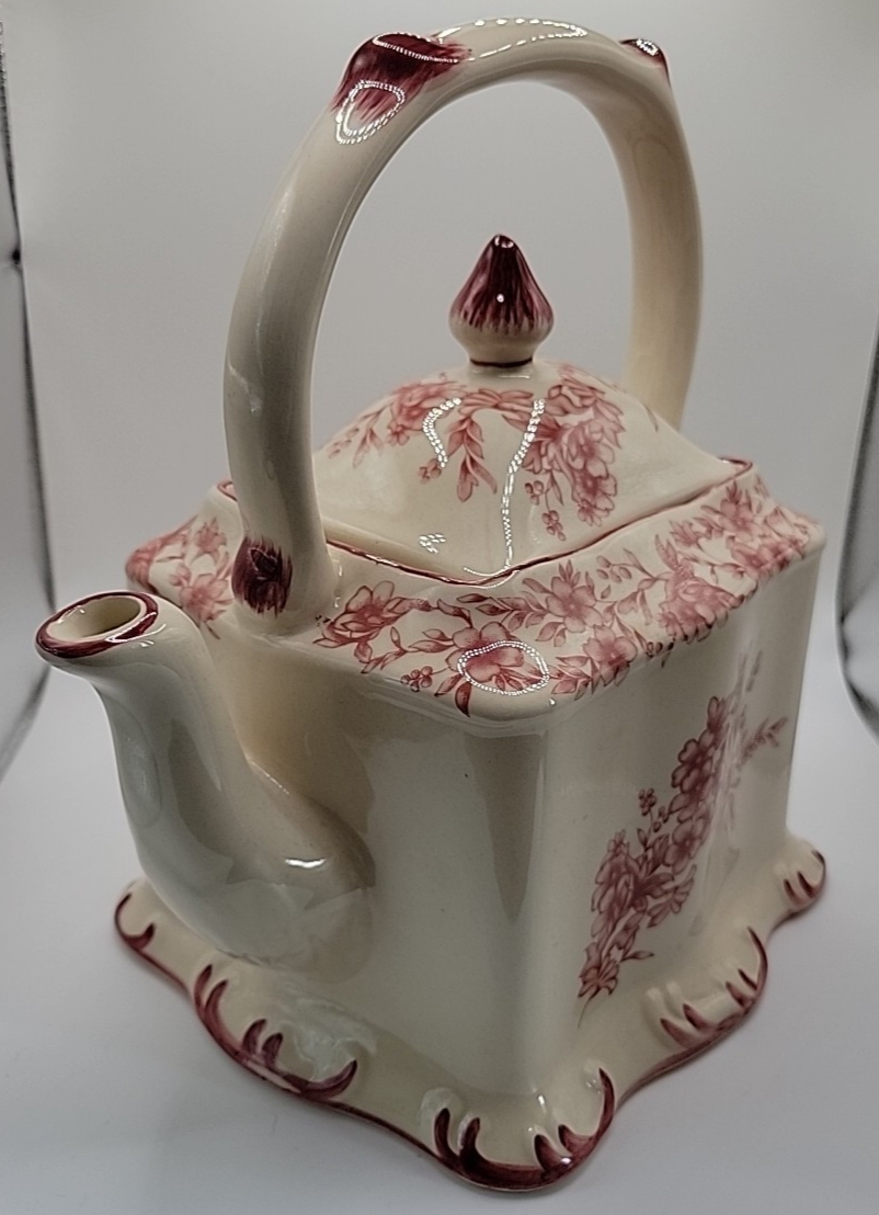 Cracker Barrel Ceramic Transferware Teapot In Cream & Red Floral c.2000