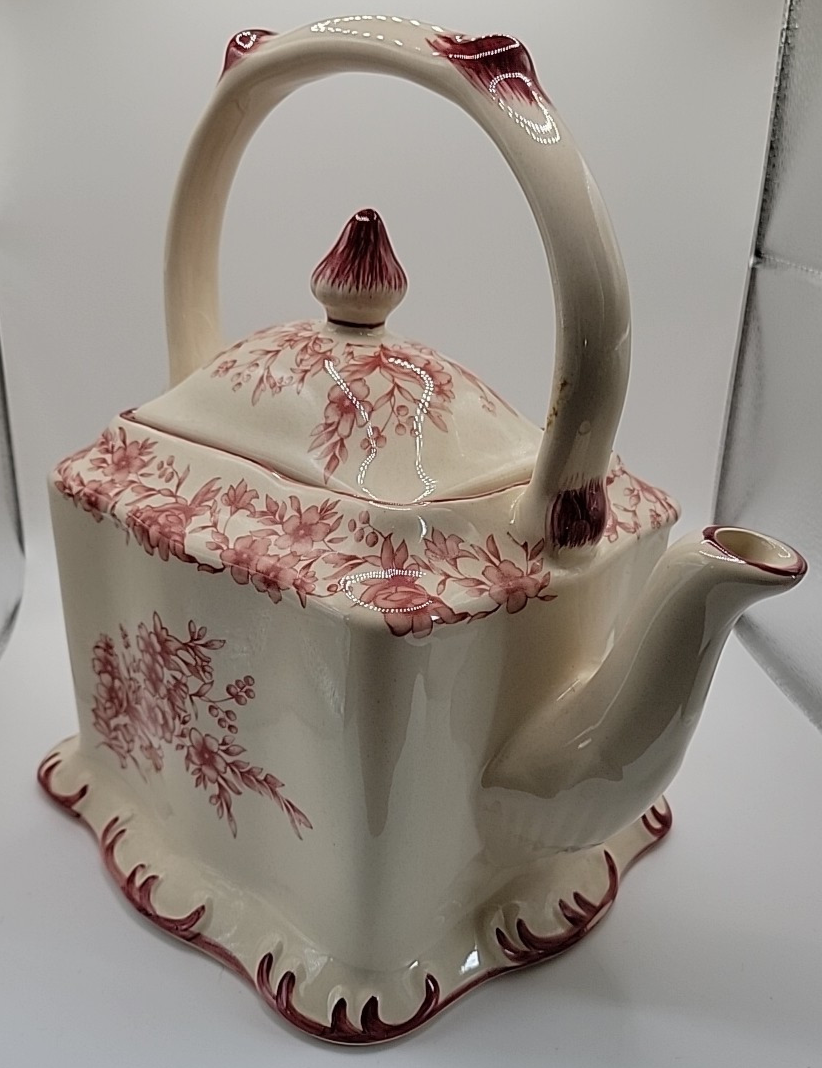 Cracker Barrel Ceramic Transferware Teapot In Cream & Red Floral c.2000