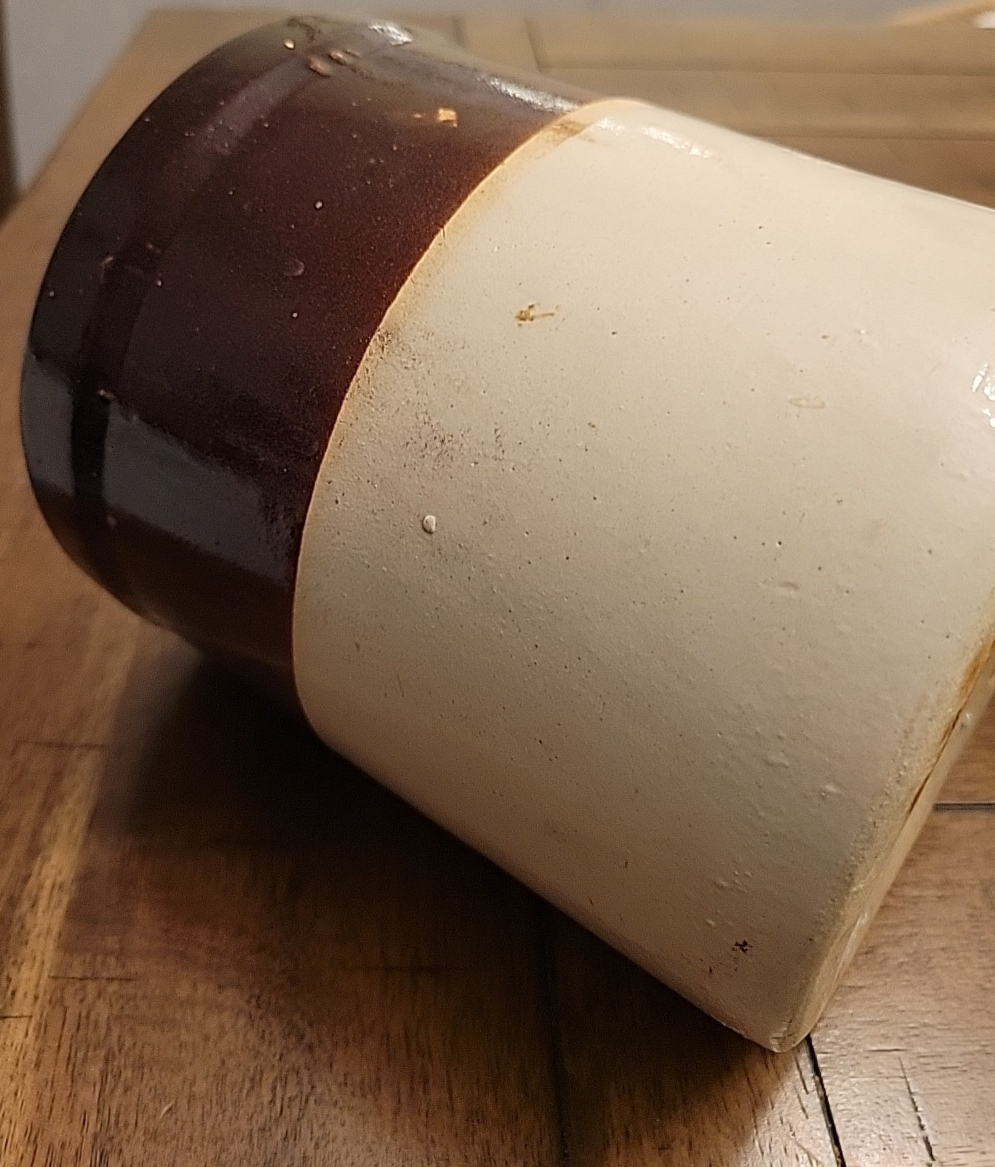 Vintage Two Tone Brown Primitive Kitchen Crock 6.5" VGC