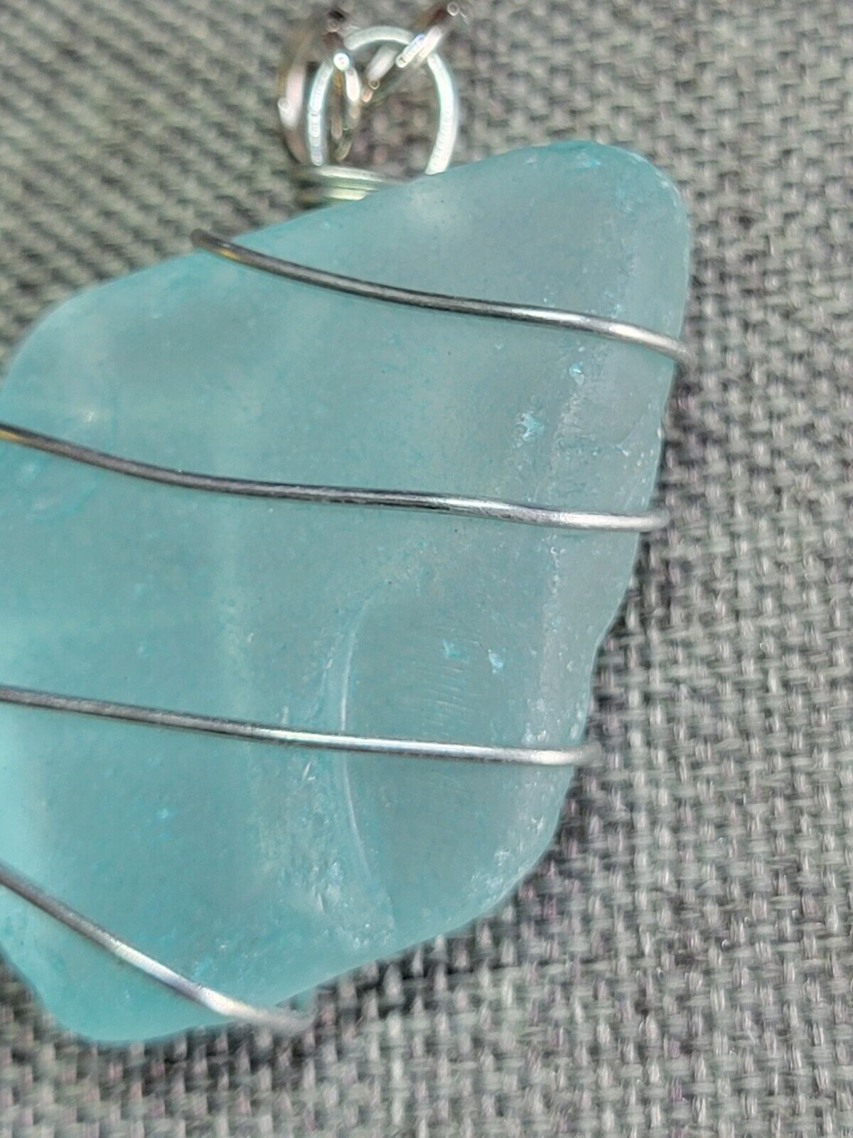 Chunky Aqua Sea Glass Wire Wrapped Pendant