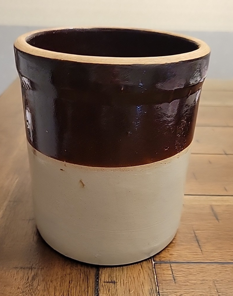 Vintage Two Tone Brown Primitive Kitchen Crock 6.5" VGC