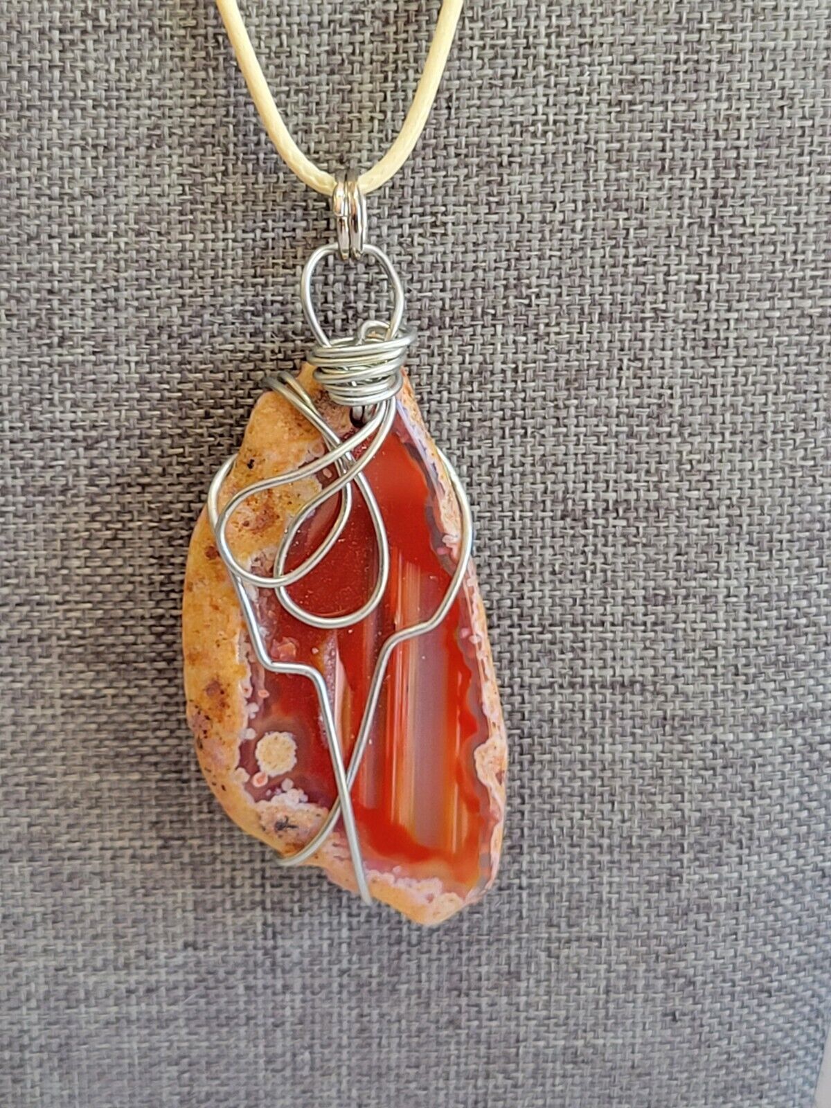Wire Wrapped Orange Sliced Agate Pendant