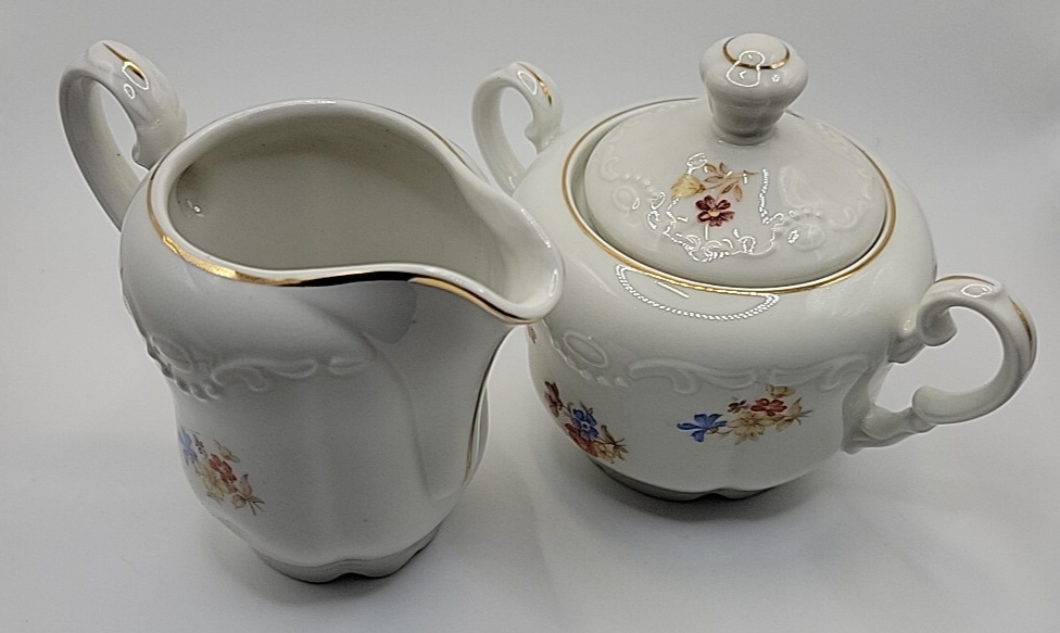 VINTAGE PAUL'S GIFTS NOS CREAMER PITCHER & LIDDED SUGAR GERMANY FLORAL PRINT