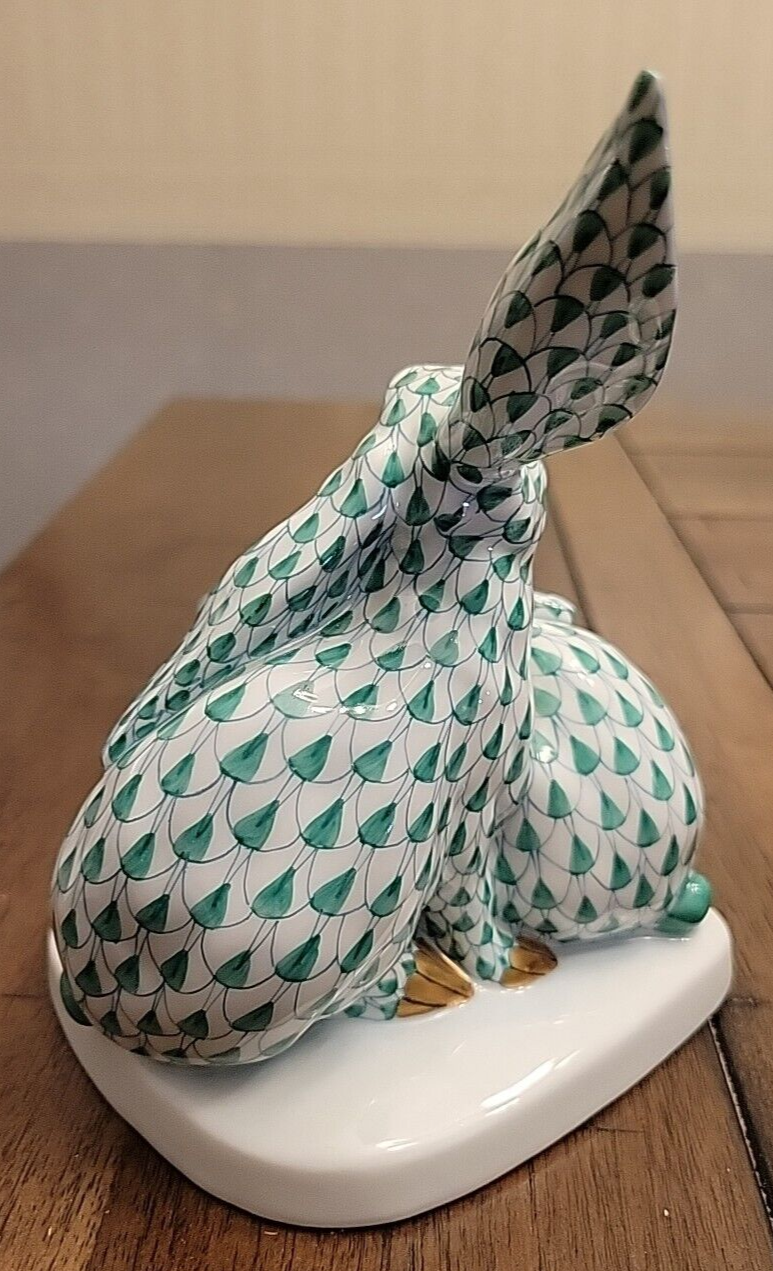 Vintage Herend Pair Rabbits Green Fishnet On Base