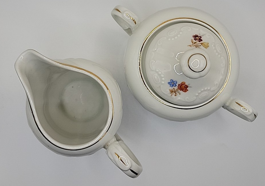 VINTAGE PAUL'S GIFTS NOS CREAMER PITCHER & LIDDED SUGAR GERMANY FLORAL PRINT