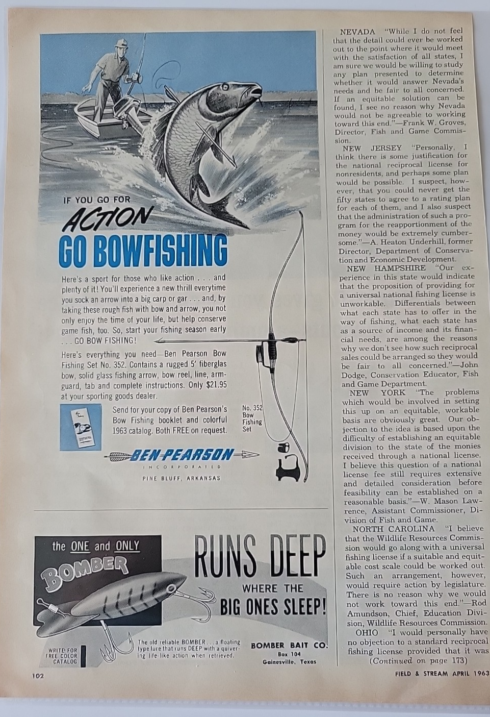 Vintage Fishing 1963 Print Ad ACTION GO BOWFISHING, Ben Pearson - BOMBER BAIT CO
