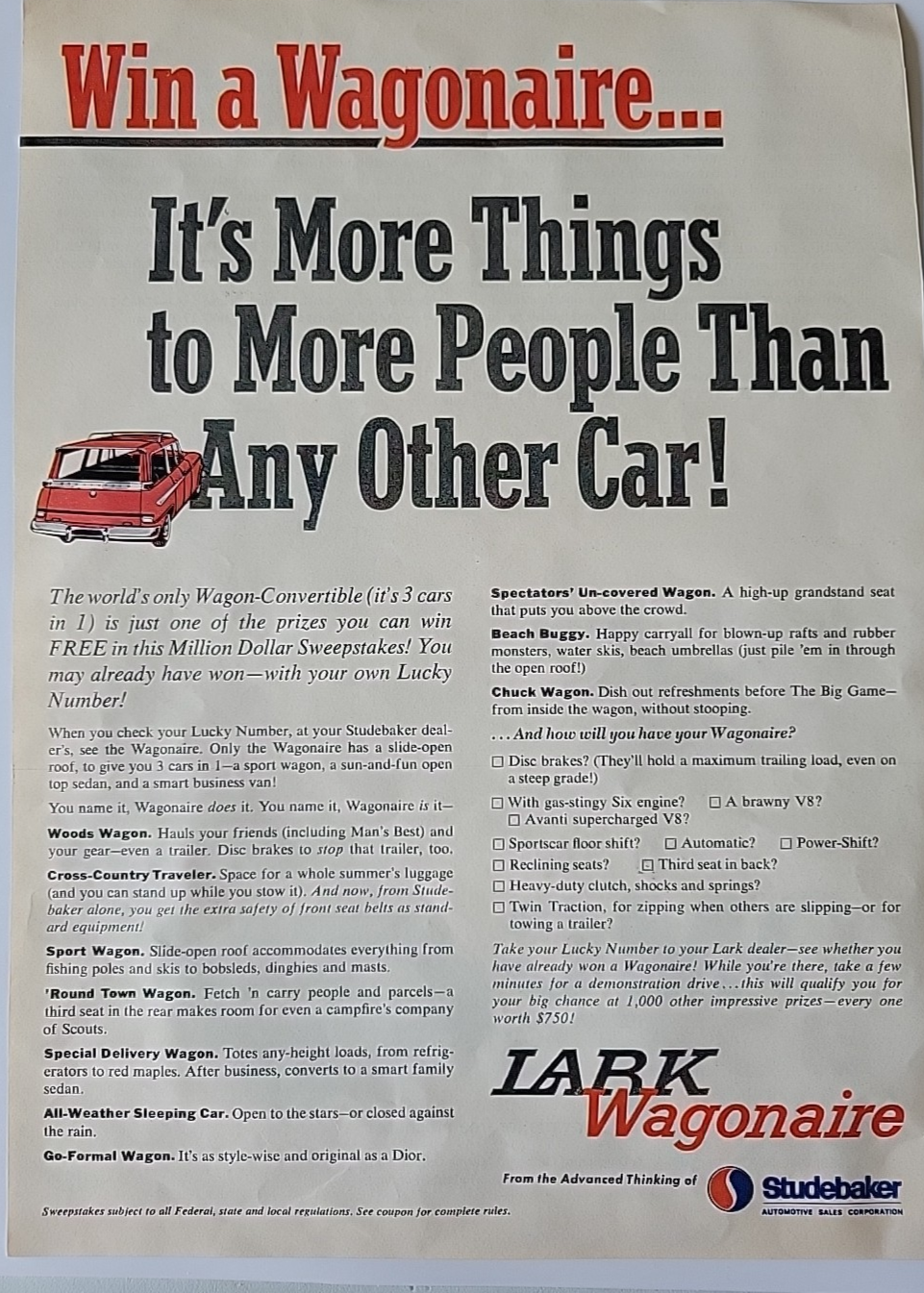 Vintage Studebaker Lark Wagonaire Enter To Win 1963 2 Page Print Ad