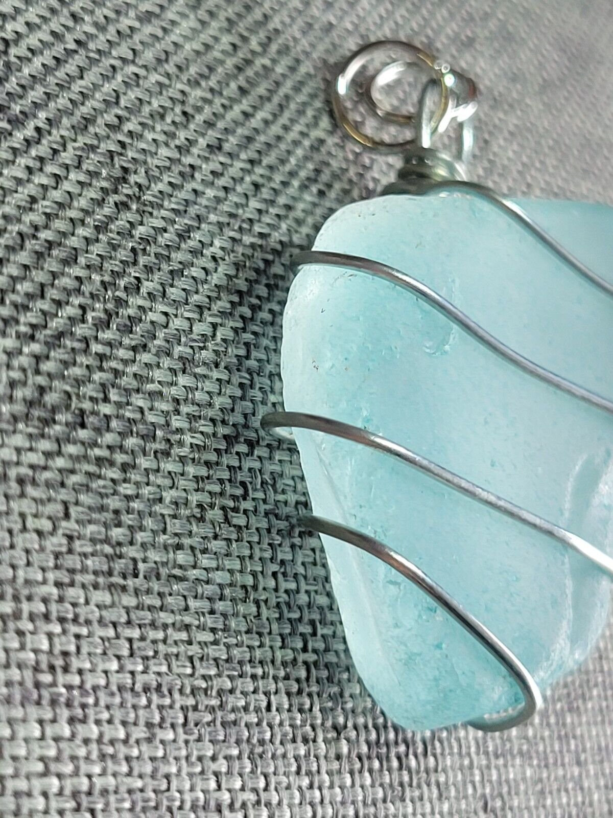Chunky Aqua Sea Glass Wire Wrapped Pendant