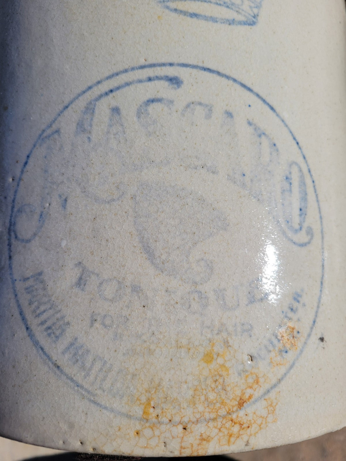 C. 1900 Antique 2 Gal MASCARO TONIQUE FOR THE HAIR SALT GLAZED? STONEWARE JUG