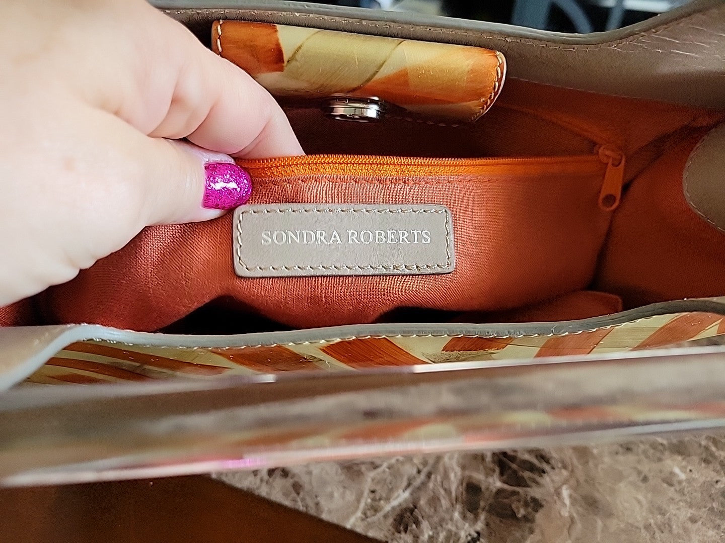 Vintage Sondra Roberts Clutch Copper Gold Vinyl Handbag Acrylic Handles