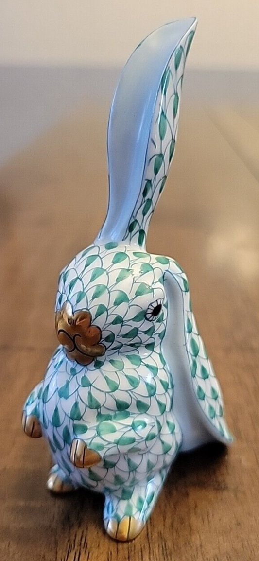 Vintage Herend Single Rabbit On Hind Legs Lopsided Ear Green Fishnet