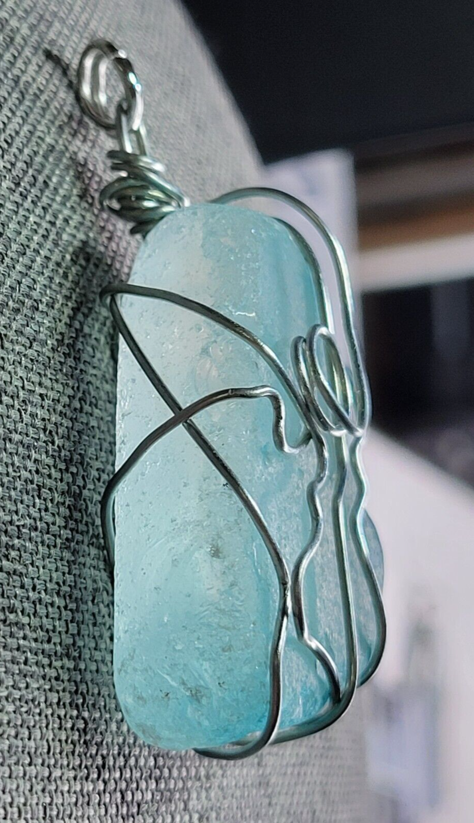 Wire Wrapped Chunky Sea Glass Pendant In Aqua