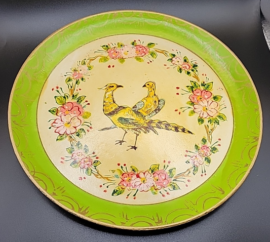 VINTAGE PAUL'S GIFTS PAPER MACHE GREEN PLATE BIRD DESIGN NOS