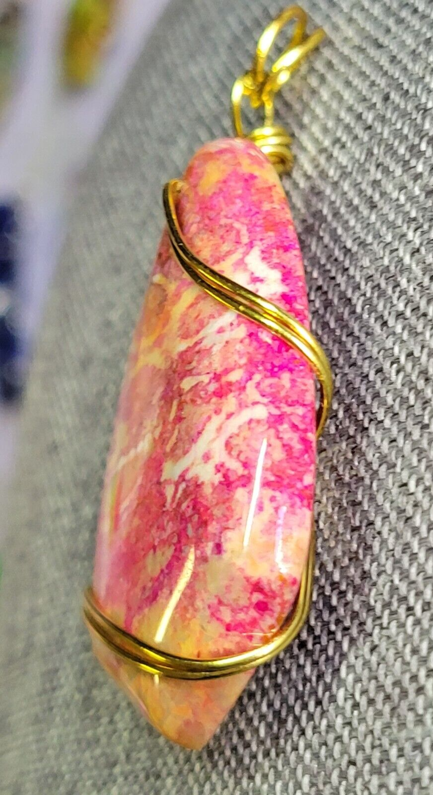 Wire Wrapped Fossilized Coral Fuchsia Pink Shield Shaped Pendant