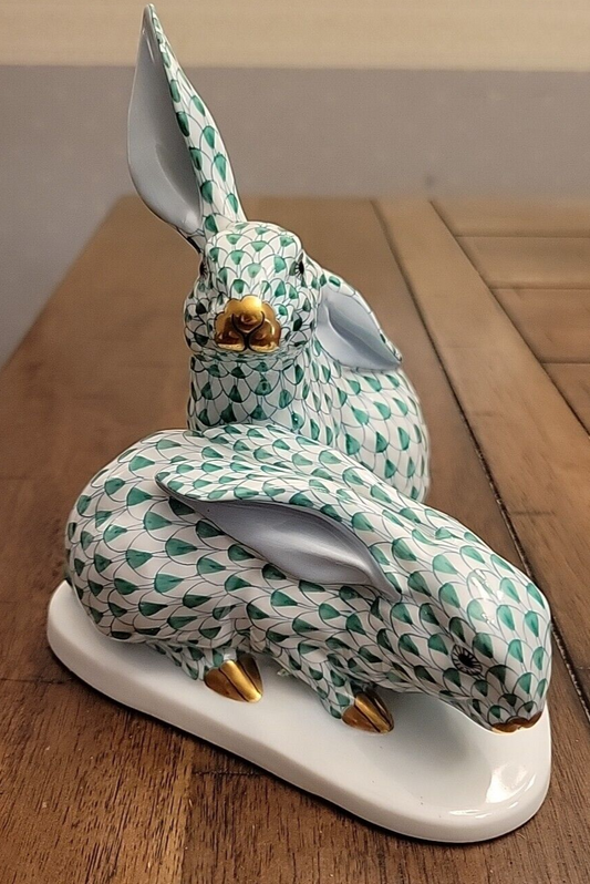 Vintage Herend Pair Rabbits Green Fishnet On Base