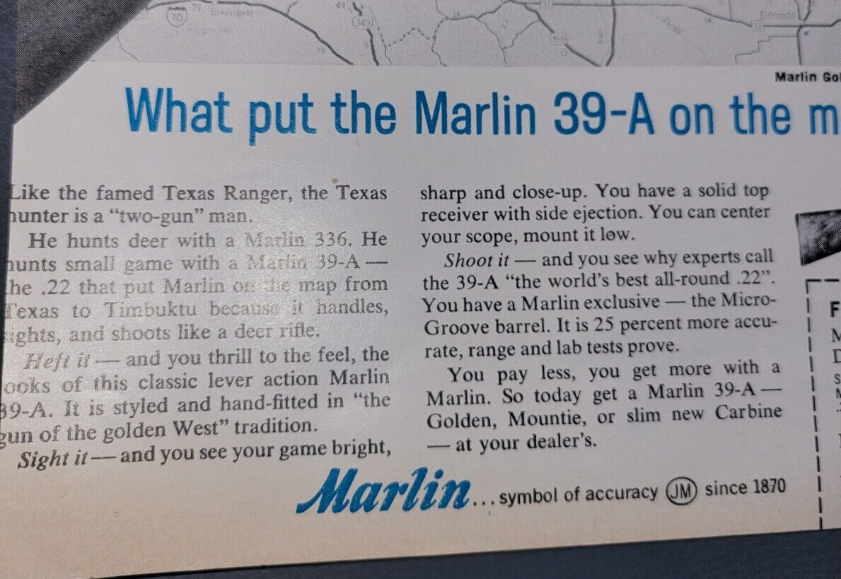 Vintage Marlin 39-A Carbine Rifle Put Marlin on The Map In Texas Print Ad 1961