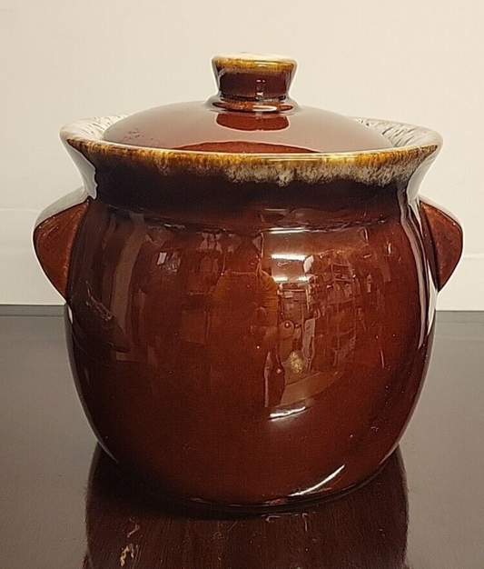 Vintage Hull Pottery Brown Drip Glaze Cookie Jar Bean Pot and Lid Oven Proof USA